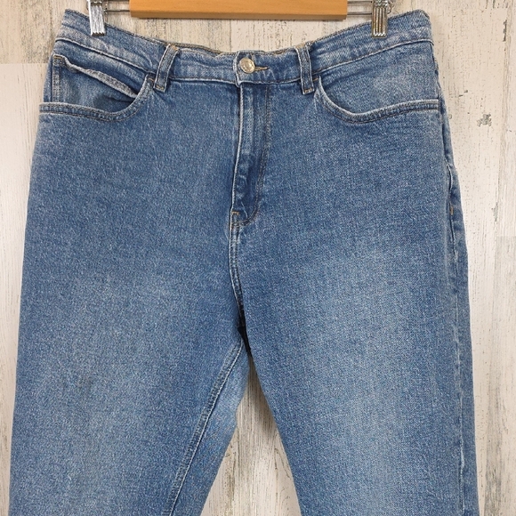 MNG New Mom Classic Blue Straight Leg Women's Jeans 5 Pocket Zipup Size 12 FLAW - Picture 2 of 11